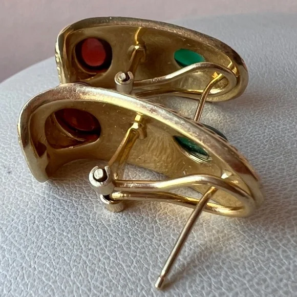 VINTAGE 14K GOLD CABOCHON GARNET GREEN CHRYSOPRASE EARRINGS STATEMENT CUSTOM - Picture 15 of 16